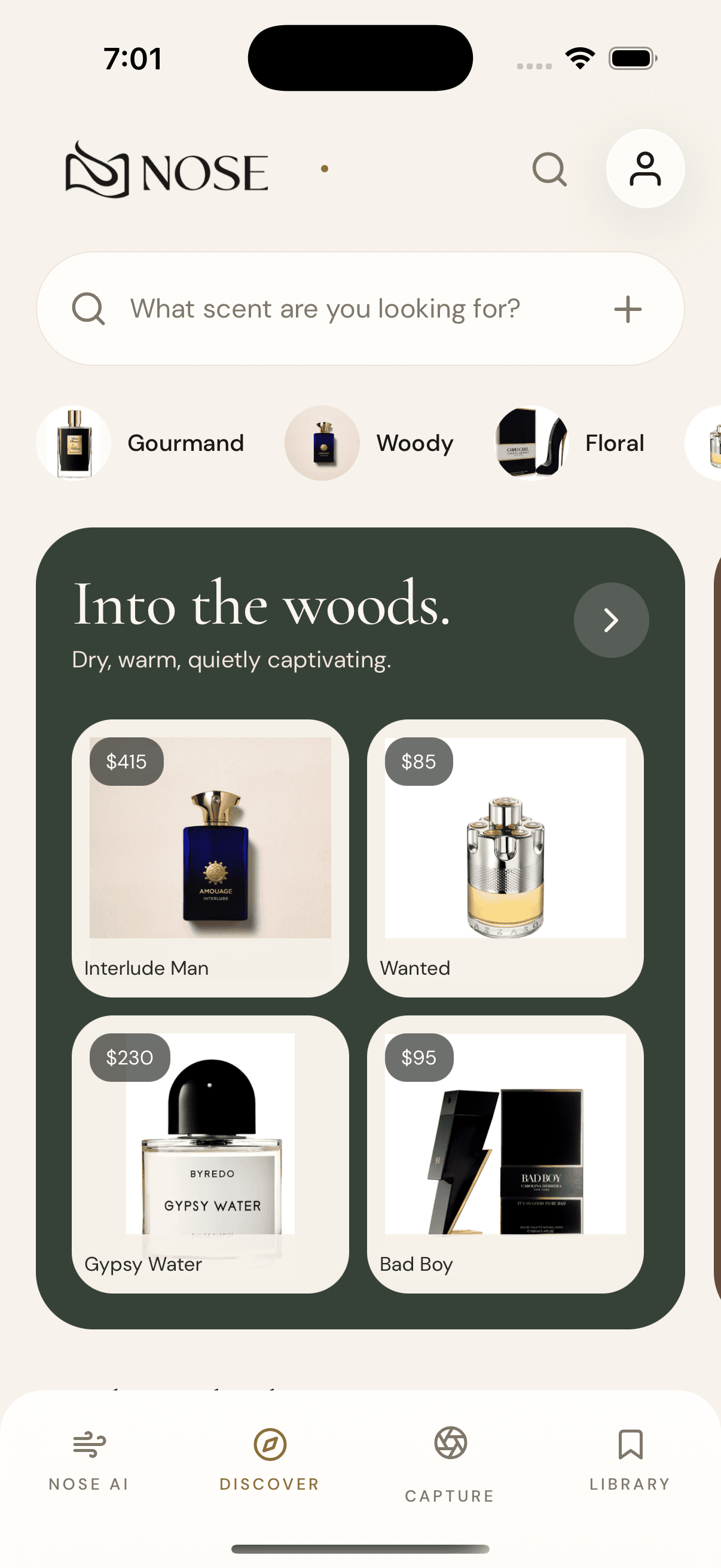 NOSE Discover screen showing fragrance families and discovery collections