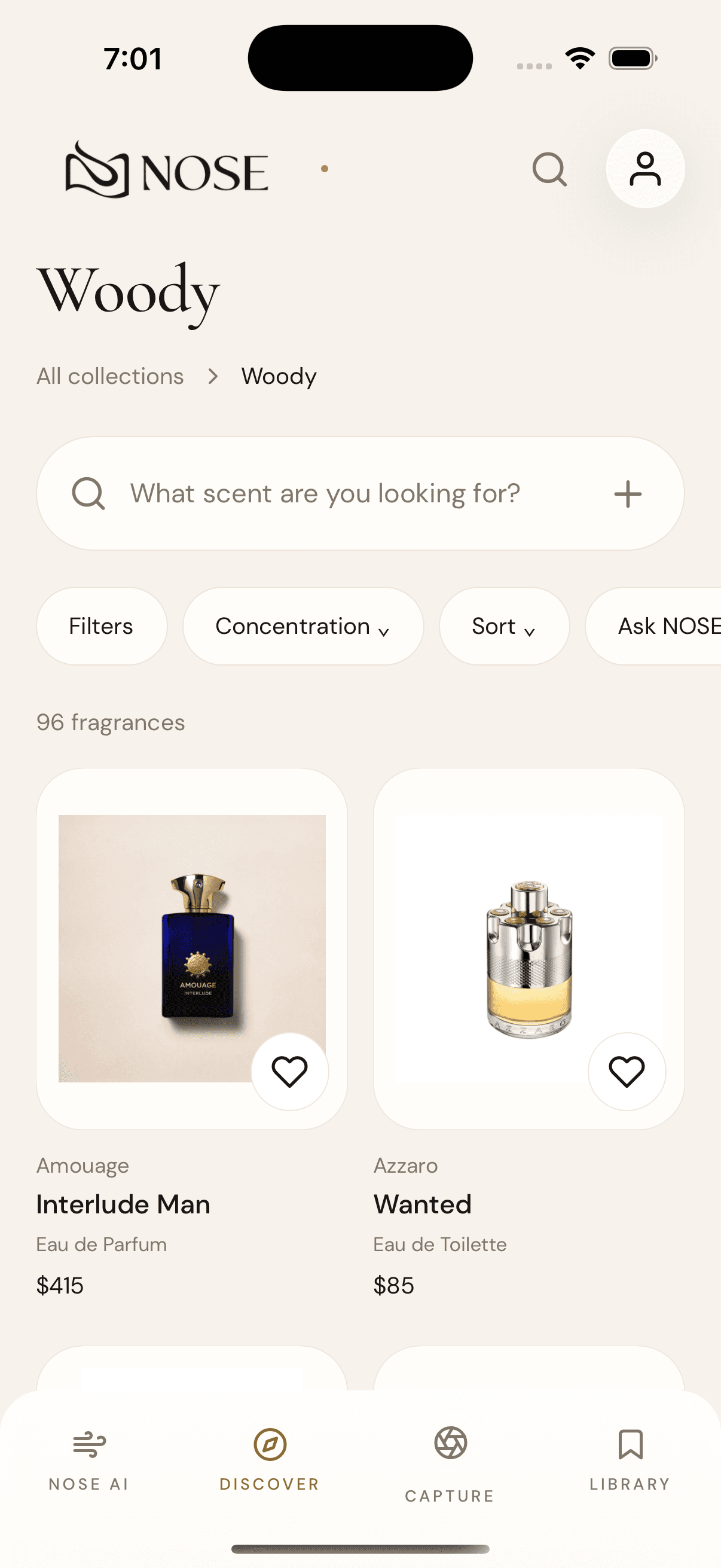 NOSE’s Woody fragrance collection with real bottle images and product cards